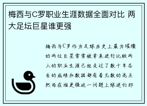 梅西与C罗职业生涯数据全面对比 两大足坛巨星谁更强