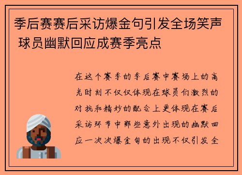 季后赛赛后采访爆金句引发全场笑声 球员幽默回应成赛季亮点